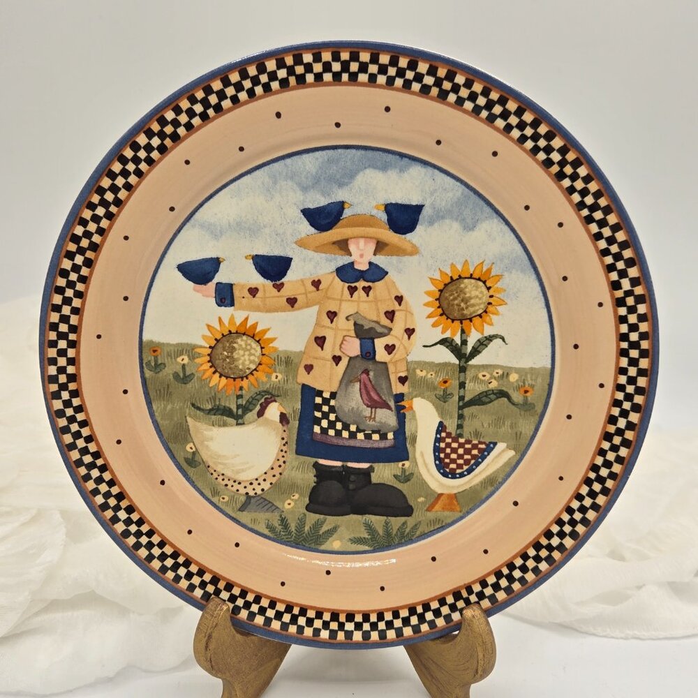 Williraye Studio 1999 Folk Art Plate 8” – Country Farm Woman Sunflower Plate